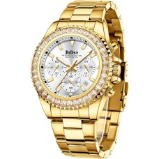 BIDEN Mens Watches Chronograph Diamond Gold Stainless Steel Waterproof Quartz Business Casual Fashion Wrist Watches for Men