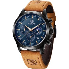 BY BENYAR Men's Watches Waterproof Sport Military Watch for Men Multifunction Chronograph Black Fashion Quartz Wristwatches Calendar with Leather Strap